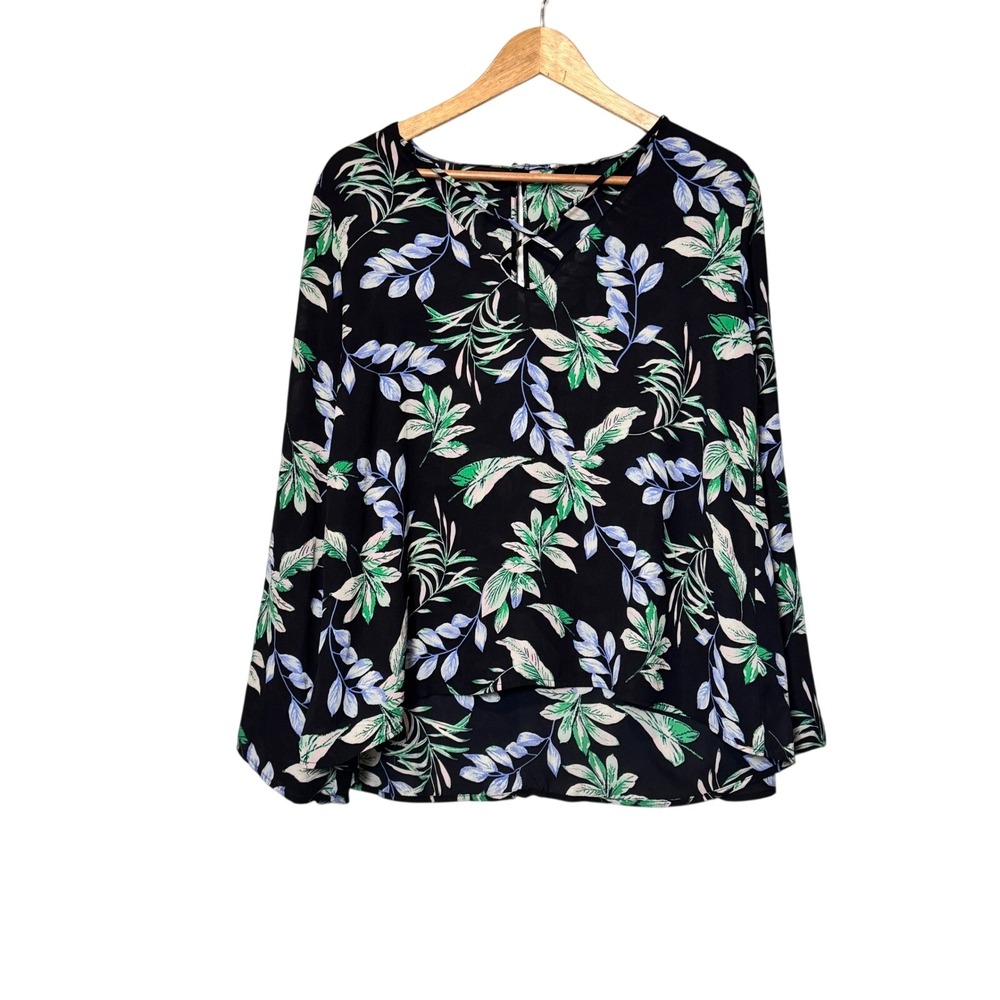 Lush Womens Top Medium Black Green‎ Blue Floral Keyhole Long Sleeve